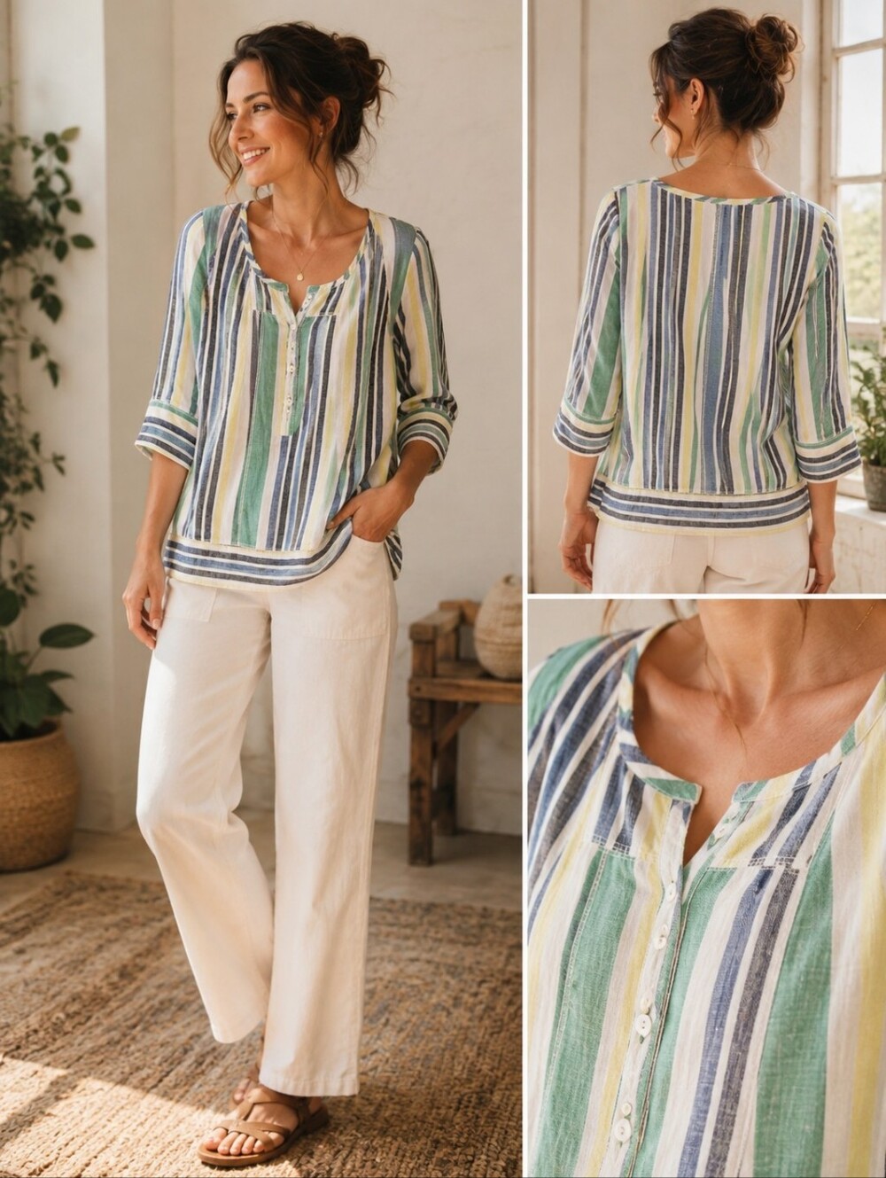Anthropologie Mermaid cotton/linen striped button detailed pullover top size M